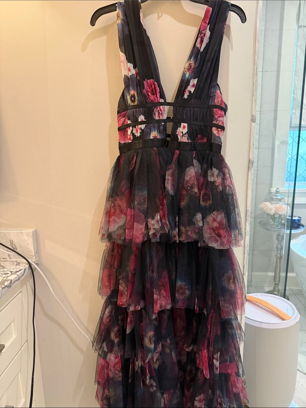 NWT bebe Black Floral Tiered Tulle Dress with Pink Blooms